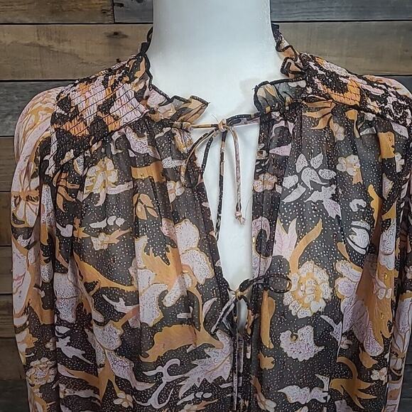 Anthropologie O.P.T. Black Pink Floral Sheer Long Sleeve Smocked top SZ M - Picture 3 of 9